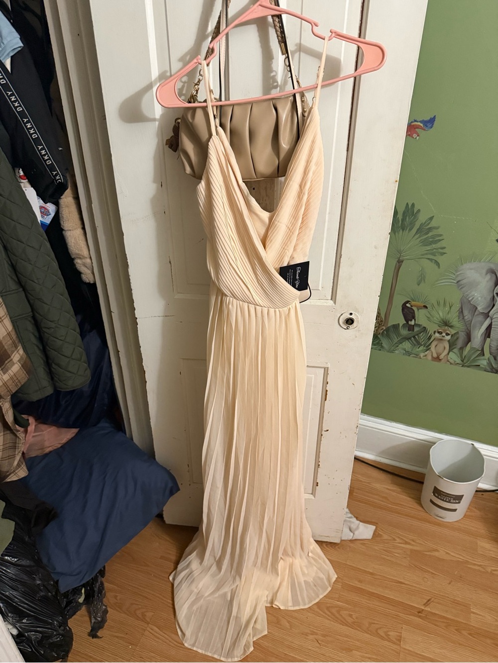 Fashion Nova Cream Pleated Maxi Dress with V-Neck